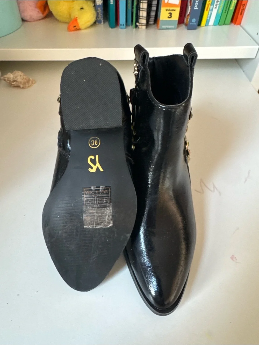 Yosi Samra Black Leather Kids Jewel-Studded Ankle Boots